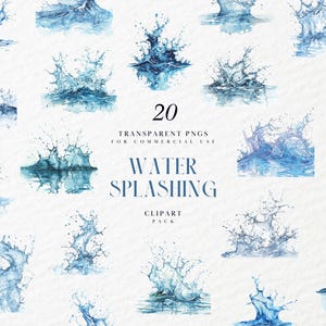 Watercolor Splashing Water Clipart, Water Puddle Splash, Clear Blue Water Drips Overlay, Droplets, Transparent PNG Graphics, Commercial Use