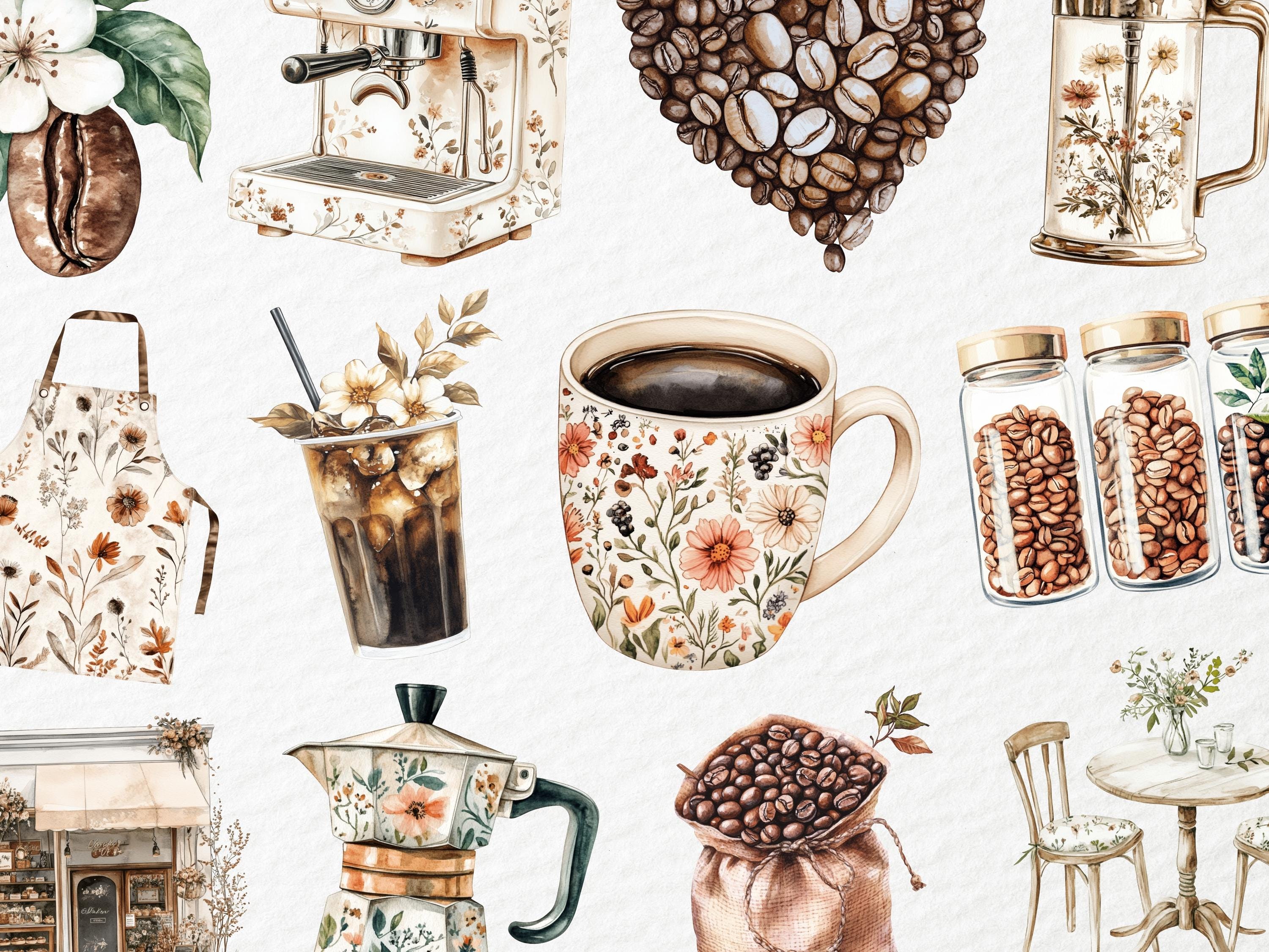 Watercolor Floral Cafe Clipart, Cozy Boho Coffee Scene, Feminine ...