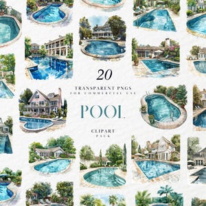Akvarell pool clipart, i marken, ovan mark, bakgårdspool, varm dag, sommarsimning, transparent PNG-grafik, kommersiellt bruk