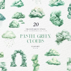 Clipart de nuvens verdes pastel aquarela, nuvem fofa verde bebê, decoração de berçário, chá de bebê, primeiro aniversário, PNG transparente, uso comercial