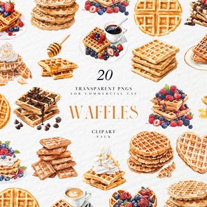 Watercolor Fluffy Waffles Clipart, Breakfast Waffle Clipart, Delicious Sweet Breakfast Clipart, Transparent PNG Graphics, Commercial Use