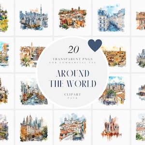 Aquarell rund um die Welt Clipart, Städte, Stadt, Europäer, Asien, Nahen Osten, Afrikaner, Südamerikaner, Transparente PNG, kommerzielle Nutzung