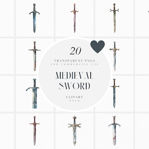 May include: A set of 20 watercolor illustrations of medieval swords. The swords are in various shades of blue, green, red, and brown. The swords are all in a vertical position and have a simple background.