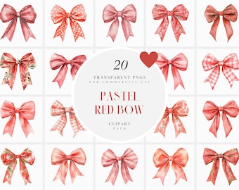 Watercolor Pastel Red Bow Clipart, Light Red Bows, Soft Red Ribbon Bow, Invite Card Making, Paper Craft, Transparent PNG, Commercial Use