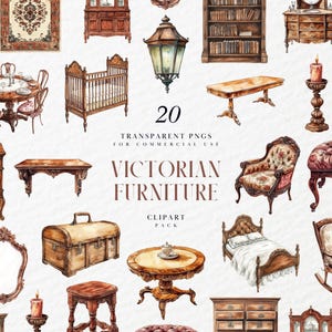 Op de afbeelding: Een set van 20 aquarel illustraties van Victoriaanse meubels, waaronder een wieg, een kist, een tafel, een schommelstoel, een bed, een kruk, een lamp, een spiegel en meer. De illustraties zijn in vintage stijl en perfect voor gebruik in scrapbooking, kaart maken en andere knutselprojecten.  20 TRANSPARANTE PNG'S VOOR COMMERCIËLE GEBRUIK VICTORIAANSE MEUBELS CLIPART PACK