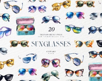 Watercolor Sunglasses Clipart, Stylish Summer Eyewear, Beach Holiday Fashion Accessory Illustration, Transparent PNG Graphic, Commercial Use