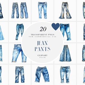Watercolor Modern Jeans Pants Clipart, Women&#39;s Denim Pants Clipart, Casual Mens Jeans Pants Clipart, Transparent PNG Graphic, Commercial Use