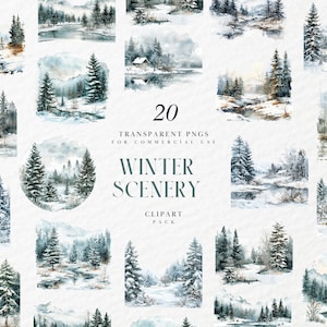 Clipart aquarelle paysage hivernal, paysage forestier enneigé, lac de montagne, scène de vacances nature, graphiques PNG transparents, usage Commercial