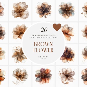 Clipart de flor marrom Boho Chic aquarela, flores transparentes transparentes, florais opacos, translúcidos, gráficos PNG transparentes, uso comercial