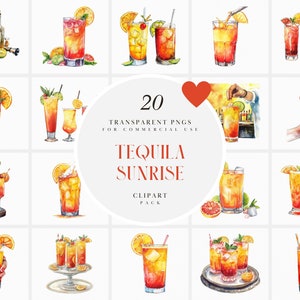 May include: A set of 20 watercolor illustrations of tequila sunrise cocktails. The illustrations are in a variety of poses, including glasses with ice, garnishes, and a hand pouring the drink. The text "20 TRANSPARENT PNGS FOR COMMERCIAL USE TEQUILA SUNRISE CLIPART PACK" is included in the image.