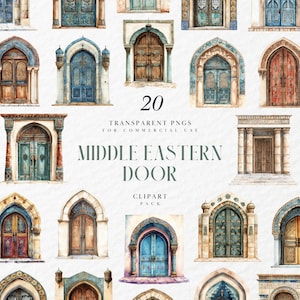Puede incluir: Pack de imágenes prediseñadas de acuarela con 20 puertas del Medio Oriente en varios colores y diseños. Las puertas tienen marcos arqueados y detalles ornamentales, con fondo PNG transparente para uso comercial.