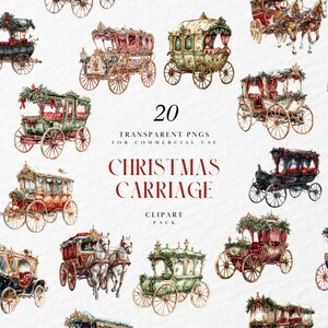Carrozza di Natale ad acquerello, carrozze di Natale vittoriane, reali, festività invernali, grafica PNG trasparente, uso commerciale