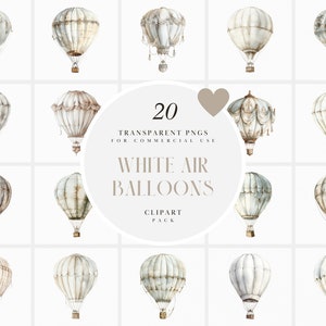 Clipart de balão de ar quente branco aquarela, clipart de balões de ar quente branco, flutuante, dirigível, aeronave, PNG transparente, uso comercial