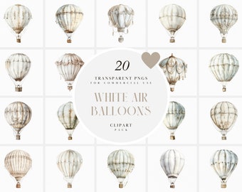 Watercolor White Hot Air Balloon Clipart, White Hot Air Balloons Clipart, Floating, Airship, Aircraft, Transparent PNG, Commercial Use