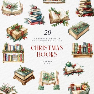 Peut inclure: Un ensemble de 20 illustrations aquarelle de livres de Noël. Les illustrations présentent des livres avec des décorations festives, notamment du houx, des baies et des rubans. Le texte sur l'image indique "20 PNG transparents pour usage commercial Livres de Noël Pack clipart".