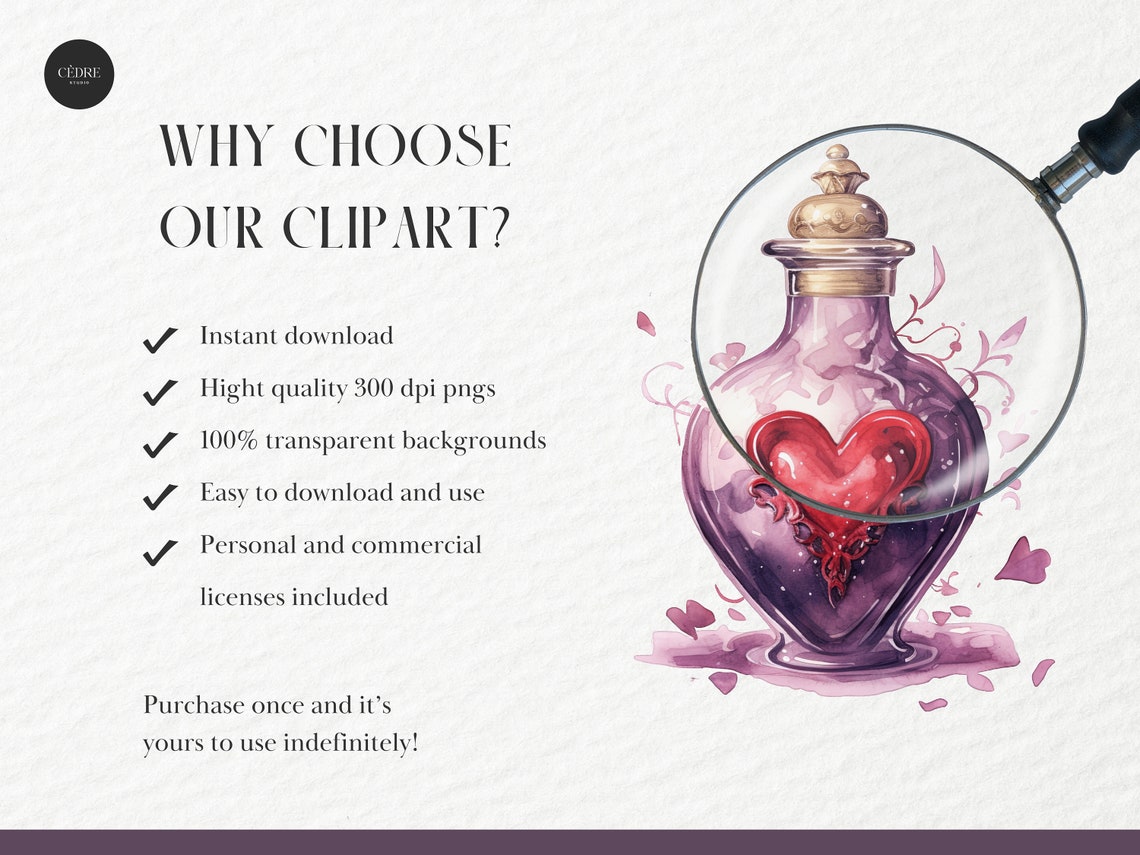Watercolor Love Potion Clipart, Magical Love Potions Clipart, Valentines Clipart, Fantasy Potion ...