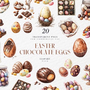 Puede incluir: Un conjunto de 20 ilustraciones de acuarela de huevos de Pascua de chocolate en varias formas y diseños. Las ilustraciones son perfectas para crear manualidades, tarjetas y decoraciones con temática de Pascua.