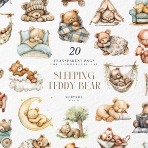 May include: A set of 20 watercolour illustrations of sleeping teddy bears in various poses and settings. The bears are depicted in a variety of colours and patterns, including brown, blue, pink, and green. The illustrations are perfect for use in scrapbooking, card making, and other craft projects.