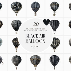 Clipart de balão de ar quente preto aquarela, clipart de balões de ar quente preto, flutuante, dirigível, aeronave, PNG transparente, uso comercial