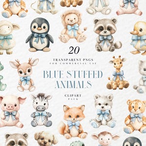 May include: A collection of 20 watercolor illustrations of blue stuffed animals, including a penguin, lion, and fox, each with a blue bow. The text reads "Blue Stuffed Animals" and "Transparent PNGs for Commercial Use."