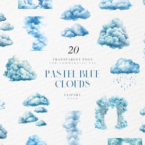 Aquarell Pastell Blau Wolken Clipart, Baby Blau Flauschige Wolken, Kinderzimmer Dekor, Babyparty, erster Geburtstag, transparente PNG, kommerzielle Nutzung