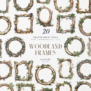 Clipart de cadres aquarelle bois, bordures de branche d'arbre rustique, décoration de couronne de forêt, éléments de brindille de bouleau, PNG transparent, usage commercial