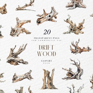 May include: A set of 20 watercolor illustrations of driftwood in various shapes and sizes. The driftwood is painted in shades of brown, gray, and white, and the illustrations are set against a white background. The text "20 TRANSPARENT PNGS FOR COMMERCIAL USE DRIFT WOOD CLIPART PACK" is displayed in the center of the image.