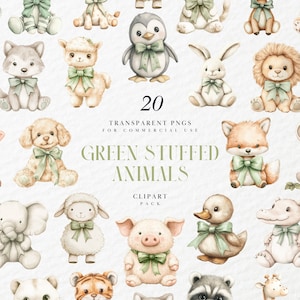 Clipart di animali di peluche verdi ad acquerello, tenero peluche, cameretta dei bambini, animali morbidi della foresta, decorazioni per baby shower, grafica PNG, uso commerciale