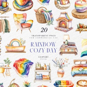 Clipart de un día acogedor con arcoíris en acuarela, hogar colorido estilo cottagecore, estética de autocuidado para un fin de semana relajado, gráficos PNG transparentes, uso comercial