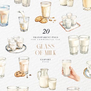 Watercolor Glass of Milk Clipart, Fresh Milk in Cup, Pasteurized, White, Dairy Free, Lactose, Low Fat, Transparent PNG, Commercial Use