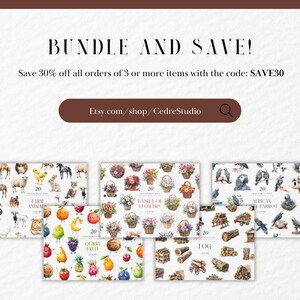 May include: A digital download of 20 watercolor illustrations featuring farm animals, fruits, flowers, logs, and parrots. The illustrations are perfect for crafting, scrapbooking, and digital design projects. Save 30% off all orders of 3 or more items with the code: SAVE30. Etsy.com/shop/CedreStudio
