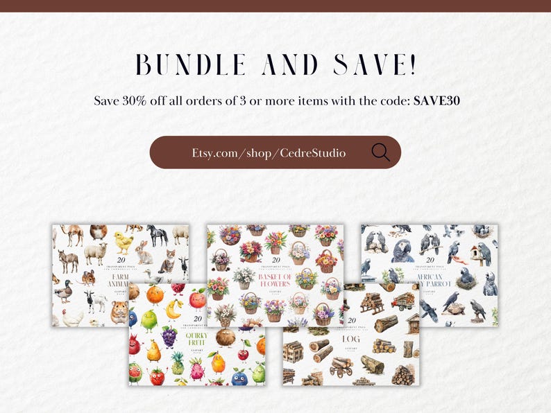 May include: A digital download of 20 watercolor illustrations featuring farm animals, fruits, flowers, logs, and parrots. The illustrations are perfect for crafting, scrapbooking, and digital design projects. Save 30% off all orders of 3 or more items with the code: SAVE30. Etsy.com/shop/CedreStudio