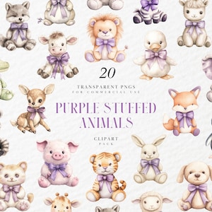 Clipart de animales de peluche morados en acuarela, decoración de baby shower de safari en tonos pastel, ilustración de peluches de la selva, PNG transparente, uso comercial