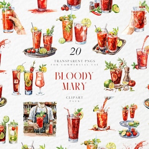 Clipart di cocktail Bloody Mary ad acquerello, illustrazione di bevanda alcolica al pomodoro, menu del bar per matrimoni, pub, grafica PNG trasparente, uso commerciale