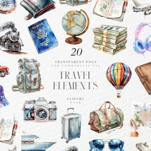 Watercolor Travel Elements Clipart, Suitcase Passport World Map, Vacation Journey Graphics, Holiday Trip, Transparent PNG, Commercial Use