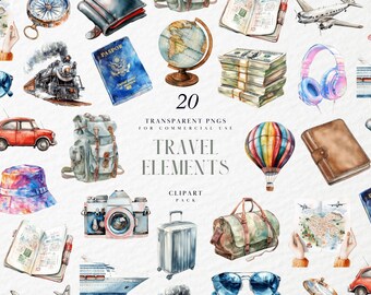 Watercolor Travel Elements Clipart, Suitcase Passport World Map, Vacation Journey Graphics, Holiday Trip, Transparent PNG, Commercial Use