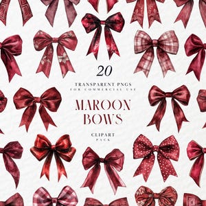Aquarell Maroon Bögen Clipart, burgunderfarbenes Band, Coquette-Stil für Geschenkverpackungen und Hochzeitspapeterie, transparente PNG-Grafiken für kommerzielle Nutzung
