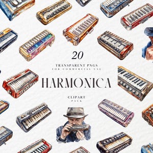 Könnte beinhalten: Aquarell-Clipart-Paket mit 20 transparenten PNGs von Mundharmonikas in verschiedenen Farben und Stilen. Das Bild enthält einen Musiker, der eine Mundharmonika spielt, und den Text "HARMONICA CLIPART PACK".