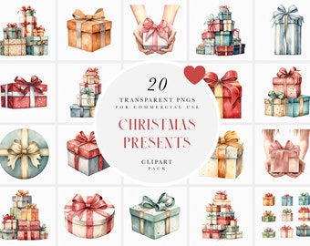 Watercolor Christmas Presents Clipart, Christmas Gifts Clipart, Wrapped Gift Clipart,Xmas Box Present Clipart, PNG Format for Commercial Use