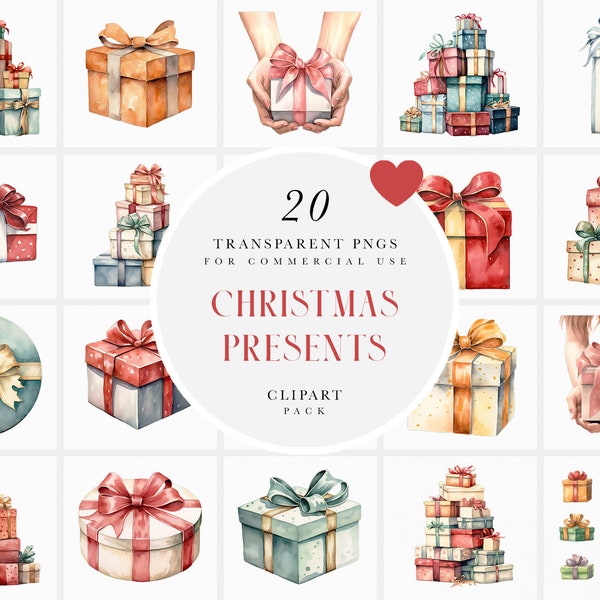 Watercolor Christmas Presents Clipart, Christmas Gifts Clipart, Wrapped Gift Clipart,Xmas Box Present Clipart, PNG Format for Commercial Use