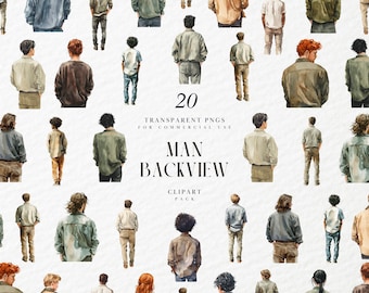 May include: Watercolor clipart pack featuring 20 transparent PNGs of men from the back. The illustrations showcase various hairstyles and clothing styles, including shirts, jackets, and jeans. The text "MAN BACKVIEW CLIPART PACK" is also visible.