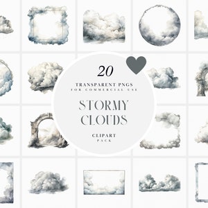 May include: A set of 20 transparent PNG clipart images of stormy clouds in various shapes and sizes. The clouds are rendered in a watercolor style with shades of gray and white. The text "20 TRANSPARENT PNGS FOR COMMERCIAL USE STORMY CLOUDS CLIPART PACK" is displayed in the center of the image.