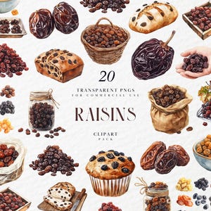 May include: Watercolor illustration of various raisins and raisin-containing foods. The image includes raisins in a basket, jar, and bag, along with bread, muffins, and other baked goods. The text "RAISINS" and "20 TRANSPARENT PNGS" are also visible.
