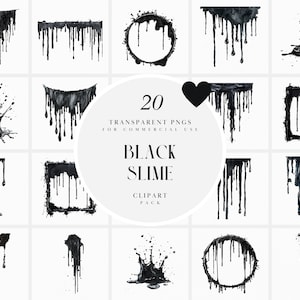 Watercolor Black Slime Clipart, Dripping Slime Clipart, Slime Drip Overlay, Banner, Border, Frame, Transparent PNG Graphics, Commerical Use