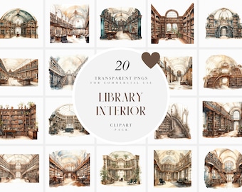 Watercolor Old Library Interior Clipart, Inside Library Clipart, University College Library Clipart, Transparent PNG Graphic, Commercial Use