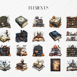 May include: Watercolor illustrations of Halloween-themed elements. The image features various depictions of books, bookshelves, pumpkins, bats, and a skull. The word "ELEMENTS" is at the top. The illustrations have a vintage, spooky aesthetic.