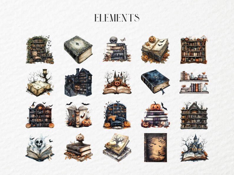May include: Watercolor illustrations of Halloween-themed elements. The image features various depictions of books, bookshelves, pumpkins, bats, and a skull. The word "ELEMENTS" is at the top. The illustrations have a vintage, spooky aesthetic.