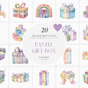 Watercolor Rainbow Gift Box Clipart, Pastel Present Clipart, Wrapped Gift Packaging, Birthday, Christmas, Transparent PNG, Commercial Use