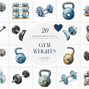 May include: A set of 20 watercolor illustrations of gym weights, including dumbbells, kettlebells, and a weight rack. The illustrations are in shades of blue, brown, and black, and have a vintage, rustic look.