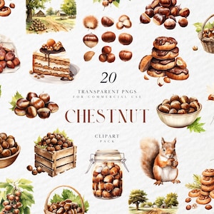 Può includere: Un set di 20 immagini di clipart di castagne in acquerello. Il set include castagne in vari arrangiamenti, tra cui uno scoiattolo che tiene una castagna, un barattolo di castagne, un cesto di castagne e un piatto di pasticcini ripieni di castagne. Il testo "20 PNG trasparenti per uso commerciale Pacchetto di clipart di castagne" è incluso nell'immagine.